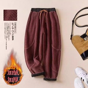 Corduroy Fleece <b>Lined</b> Thickened Harem <b>Pants</b> Women Autumn Winter Casual Loose Fit Tie Waist Micro Elasticity <b>Pants</b> - Product Image 4