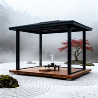 Pavillon de jardin moderne avec structure en acier thermolaqué noir et toit plat rigide pour lagoons extérieurs résidentiels