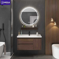 Kabinet Vanity Kamar Mandi Walnut yang Dipasang di Dinding dengan Cermin LED Pintar, Kustomisasi Langsung dari Pabrik Tersedia, Vanity Kamar Mandi