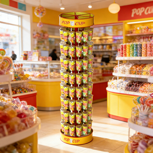 Expositor giratorio de metal OEM/ODM de fábrica con capacidad para 96 vasos de dulces, soporte de suelo personalizado para tiendas minoristas de snacks y dulces. - Product Image 3