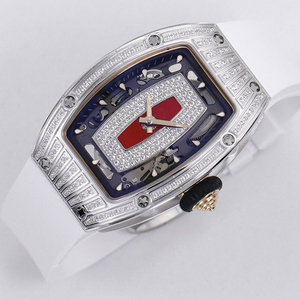 <span class=keywords><strong>Montre</strong></span> mécanique automatique de luxe en forme de tonneau de vin 0701 incrustée de diamants, cadran ajouré rouge pour femmes, idéale pour les rendez-vous et les dîners - Product Image 3