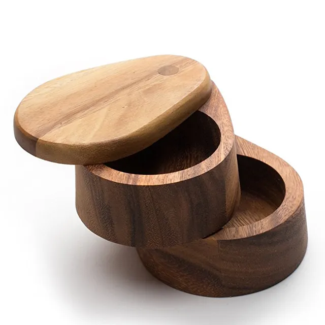 Bamboo Wood Double Swivel Salt Cellar With Magnetic Lid For Secure Strong Storage Salt, Spices, Herbs, Seasoning & More