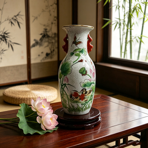 Vase en porcelaine craquelée <span class=keywords><strong>de</strong></span> Jingdezhen, motif lotus et <span class=keywords><strong>canard</strong></span> mandarin, vase en céramique à double anse - Product Image 6