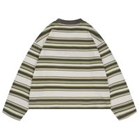 Haut à manches longues rayé vert olive avec motif lettre brodé personnalisé, col rond crème, coupe courte, style streetwear décontracté