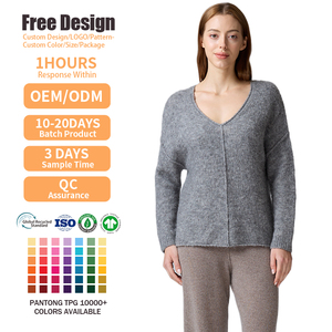 Pull en laine à col en V pour femme, personnalisé, à manches longues, anti-boulochage, surdimensionné, confortable, gris, pour l'hiver - Product Image 2