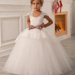 L159 Hoa Mới Cô Gái Váy CướI Ren Vai Bowknot Cô Gái Tutu Váy Trẻ Em Hoa Cô Gái Wedding Dress