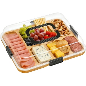 Portable Bamboo Charcuterie Board with clear Lid, 8 Compartments & Black Handles. Ideal for Picnics, Serving, and Gifts.