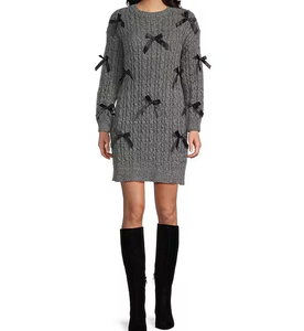 Abito in maglia a trecce con fiocco in nastro da donna, mini abito a maniche lunghe vestibilità ampia per autunno inverno - Product Image 1