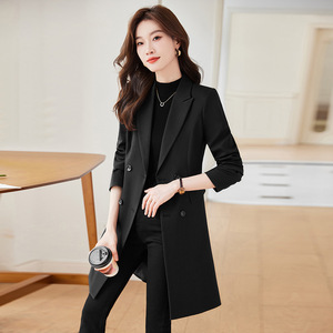 Women's Mid Length Blazer Navy Blue Trench Coat Solid Color Polyester Woven Comfortable Autumn Style - Product Image 4
