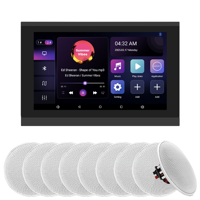 7 Inch Smart 2 Zone Audio Home Theater System Touch Screen Bleutooths Wall Amplifier Ceiling Speakers Control Panel 8x30W Power