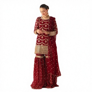 Sharara Gharara Salwar Kameez con Bordado Indio, Reversible para Invierno, Corte Ajustado, Protección Solar, para Fiestas, en Georgette Cosido - Product Image 2