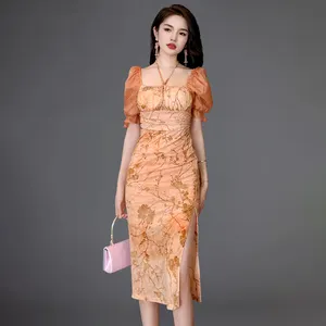 ZYHT 50126 Women Luxury Clothing Hook Neck Floral Print Puff Sleeve Slim Tea Break Long Split Sexy Club Dress