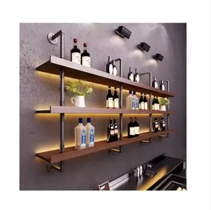 2023 Wholesale Custom Commercial Industrial Iron Nightclub Wet Bar Bistro Wall Mounted Wooden Wine Rack Display