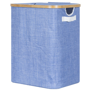 Bamboo <b>Laundry</b> Basket Rectangle Blue 41x33x52cm Foldable Canvas Clothing Organizer <b>Standing</b> Type - Product Image 5