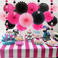 Décorations de fête rose vif pour filles et femmes, pompons en tissu rose vif et noir, éventails suspendus, lanternes, pour enterrement de vie de jeune fille, mariage, anniversaire