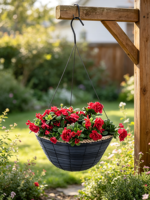 Panier suspendu tissé bleu marine avec bord en corde beige, 3 crochets métalliques, style américain, pot de fleurs de jardin sculpté à la main pour la maison