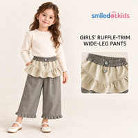 Smiledotkids Pantalon large personnalisé pour enfants, gris, taille à volants, boutons, tissu doux, OEM ODM, vêtements en gros pour petites filles, nouveauté