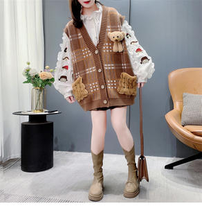 Gilet tricoté <span class=keywords><strong>sans</strong></span> manches rétro dessin animé ours en peluche, <span class=keywords><strong>pull</strong></span> élégant réduisant l'âge pour femmes automne et hiver - Product Image 1