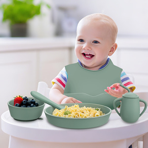 Ensemble de vaisselle en silicone pour enfants, assiette, cuillère, fourchette, pour nourrissons et tout-petits de 1 à 2 ans, bleu Cambridge - Product Image 3