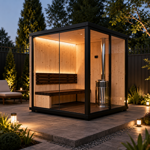 HG Custom Outdoor Cube Canadian Hemlock <b>Red</b> Cedar Wooden Room with Panoramic Glass and Wood Burning Stove - Product Image 2