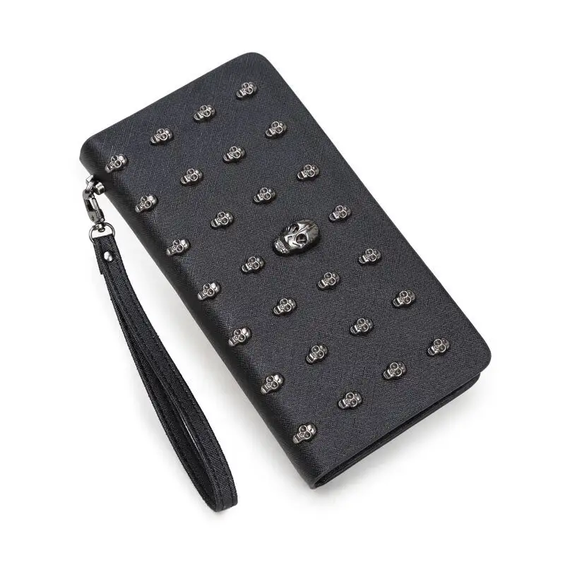 Ladies new customized factory designer pu leather skull vintage style clutch fashion long wallet for women