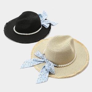 Chapeau de paille d'été pour femme avec nœud en perles et ruban, idéal pour les vacances décontractées à la plage et la protection solaire - Product Image 3