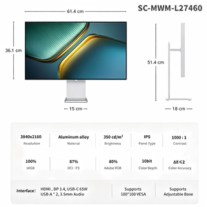 จอภาพอลูมิเนียม TCOLOR ขนาด 27 นิ้ว ความละเอียด 4k 5k จอแสดงผลสำหรับสตูดิโอ จอแบน IPS จอเงา HDR400 พร้อมพอร์ต Type-C สำหรับ <span class=keywords><strong>macBook</strong></span> - Product Image 2