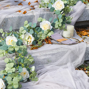 Party Wedding Table Backdrop Wall Decor <strong>Eucalyptus</strong> Garland White Artificial Flowers Roses Garland for Decoration - Product Image 3