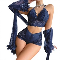 Ensemble trois pièces de lingerie sexy en dentelle pour le commerce transfrontalier : nuisette, porte-jarretelles et culotte transparente légère (ODM)