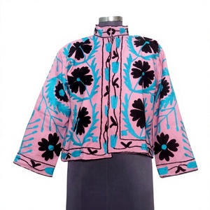 Free Size Pink Floral Embroidered Cotton Jacket Mandarin Collar Lantern Sleeve Short Spring Women's Prairie Chic Style - Product Image 1