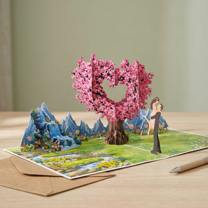 Carte de vœux 3D pop-up carrée Viet-craft, scène romantique de couple avec arbre de cerisier, thème amour pour la Saint-Valentin, origine Vietnam - Product Image 6