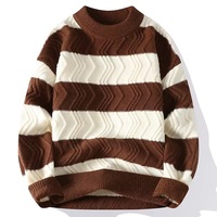 Pull col montant oversize style preppy pour homme, tricot jacquard à rayures ondulées, épais et chaud, idéal pour l'automne et l'hiver