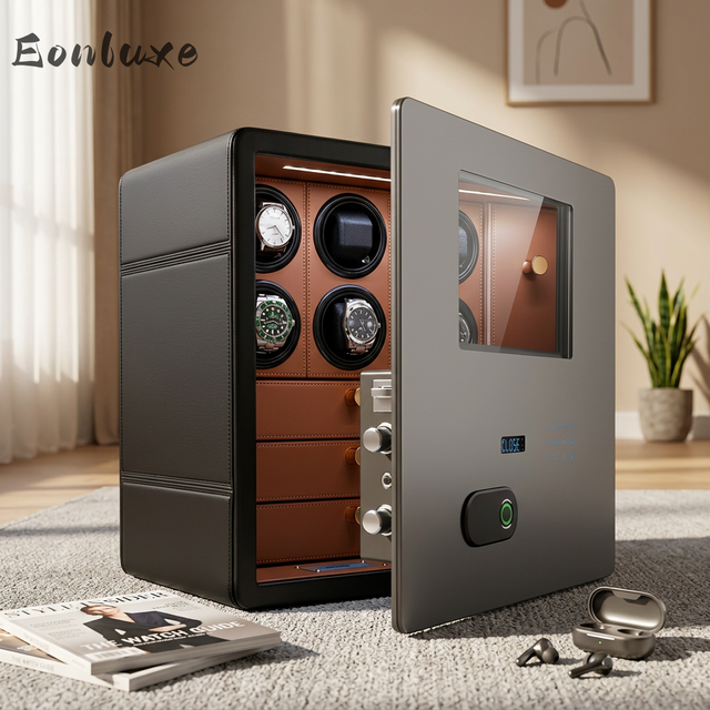 Eonluxe Luxury Automatic Watch Winder Safe with Anti-Theft LCD Touch Screen Jewelry Box Fingerprint Unlocking System Safe Case