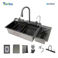 Évier de cuisine multifonction intelligent en acier inoxydable noir de luxe moderne avec affichage numérique LED et cascade, à cuve unique