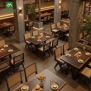 Wholesale Chinese Style Solid Wood and Woven Rattan Dining Chairs with Marble Dining Table Sets for Commercial Restaurants
