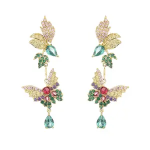 Fashion Women Jewelry 925 Sterling Silver Needle Emerald CZ Diamond Teardrop Butterfly Earrings For Wedding Bridal