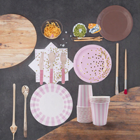 Ensemble de vaisselle jetable rose or avec confettis, assiettes en papier, gobelets, serviettes et couverts pour anniversaire, mariage, événement