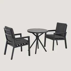 Aluminum Dark Grey Plate Small Round Coffee Side Table and Chairs Set With 2 Soft And Comfortable Armchairs