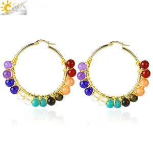 CSJA natural stone crystal bead hoop earrings stainless steel gold plated hoop earring for women G932