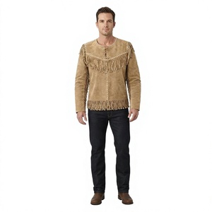 Chaqueta de gamuza color canela para hombre con flecos, cuello redondo con cordones, manga larga, estilo occidental, para otoño. - Product Image 1