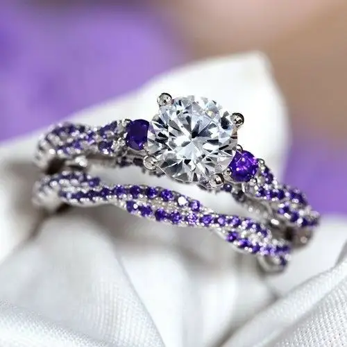 CAOSHIジュエリー絶妙なリング女性のためのシックな石で美しいツイストスタックリング花嫁介添人ロマンチックな紫色のリングセット