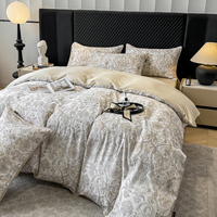 Parure de lit 4 pièces en satin de lyocell ultra doux 100S, imprimé floral végétal, 300 fils, housse de couette et drap