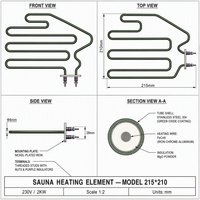 Élément chauffant serpentin 4 boucles OEM 2KW 230V en acier inoxydable 304 avec revêtement en oxyde vert pour poêle de sauna sec et spa 215x210mm