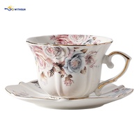 Ensemble tasse et soucoupe en porcelaine personnalisée, style européen, élégant, floral, plaqué or, isolé, résistant à la chaleur