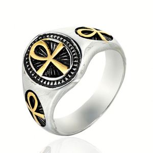 Stainless Steel <b>Ring</b> with Ankh Emblem Classic Signet Design Two Tone <b>Silver</b> and Gold Textured Black Face Vintage Style <b>for</b> <b>Men</b> - Product Image 1