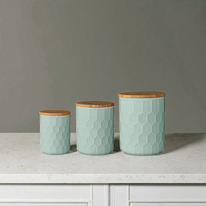 FENN Holzdeckel Waben muster Vorrats glas <span class=keywords><strong>Set</strong></span>/Tee Zucker Kaffee Kanister Keramik Vorrats glas für die Küche - Product Image 3