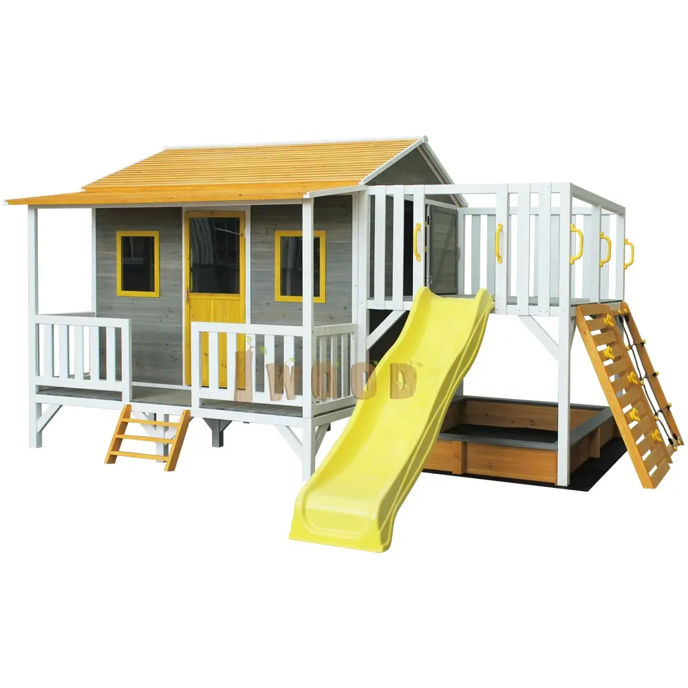 Уличный водонепроницаемый большой детский домик для двора, садовый деревянный игровой домик, детский деревянный Игровой домик с пластиковой горкой и песком