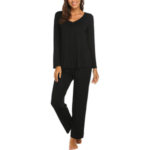 Ensembles de pyjamas pour femmes en fibre de bambou personnalisés, ensemble de vêtements de nuit, pyjama uni à col en V, vêtements de détente, vêtements de nuit - Product Image 5