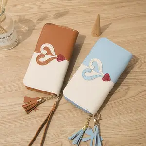 2024 New Premium PU Leather Girl Card Holder Phone Wallet Female Purse Heart Pattern Women Wallet with Wrist Strap