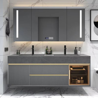 Meubles de salle de bain modernes personnalisés en bois massif, résistants à l'eau, écologiques, avec lavabo en céramique et miroir